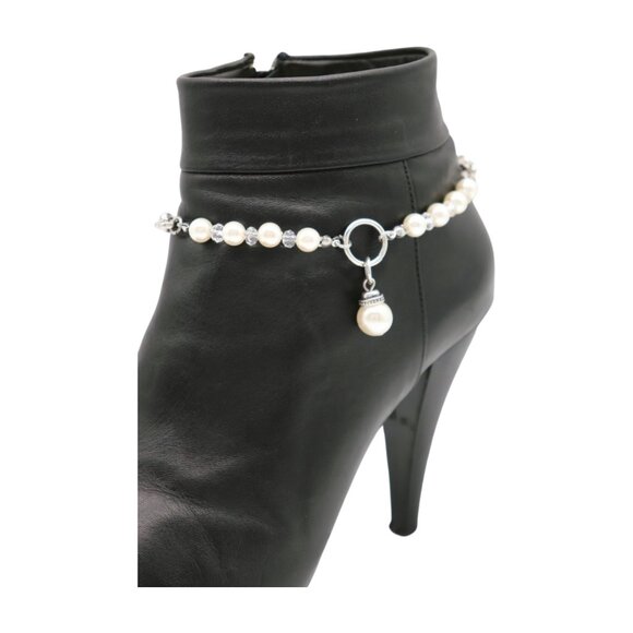 Women Silver Metal Chain Boot Bracelet Shoe Cream Imitation Pearl Charm 2PCS SET - Picture 15 of 17